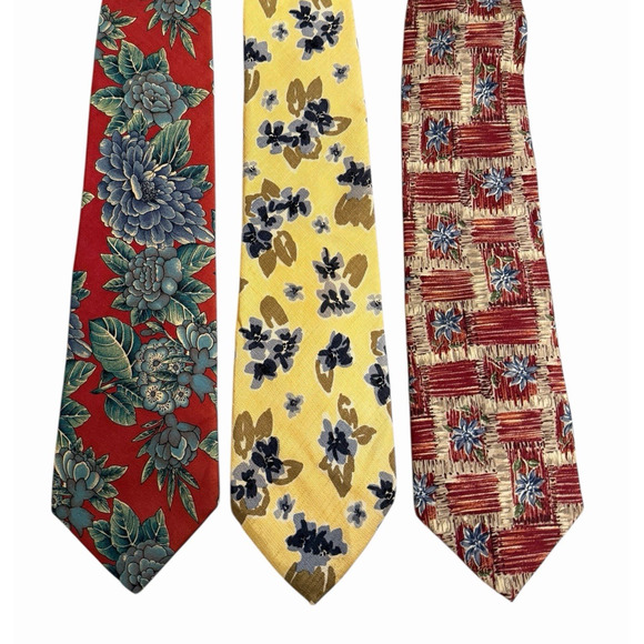 Lands' End Mens 100% Silk Neck Ties Floral Print USA Vintage 80s 90s LOT OF 3 - Picture 1 of 6